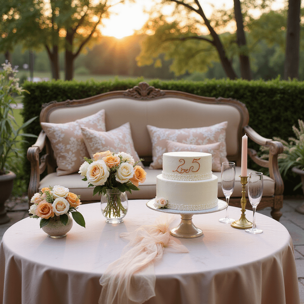 Capturing the Perfect Happy Anniversary Cake: A Complete Styling and Photography Guide A romantic garden terrace set for an anniversary celebration, featuring a round marble table with blush silk linens, a two-tier white cake with rose gold calligraphy, delicate champagne flutes, loose peach and cream roses in a crystal vase, cascading tulle ribbon, and vintage brass candle holders with tapered candles, alongside a cozy loveseat with embroidered throw pillows.