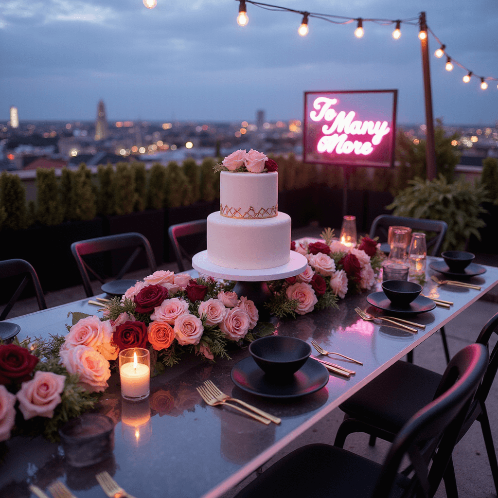 Capturing the Perfect Happy Anniversary Cake: A Complete Styling and Photography Guide A chic rooftop terrace at twilight, elegantly set for an anniversary soirée with a sleek acrylic ghost table featuring a minimalist three-tier white cake adorned with geometric gold accents, surrounded by a cascading ombré of blush to burgundy roses. The table is complemented by matte black plates and gold cutlery, with smoke glass votives illuminating the setting. String lights overhead and twinkling city lights in the background enhance the ambiance, while a neon sign reading 'To Many More' adds a pink glow.