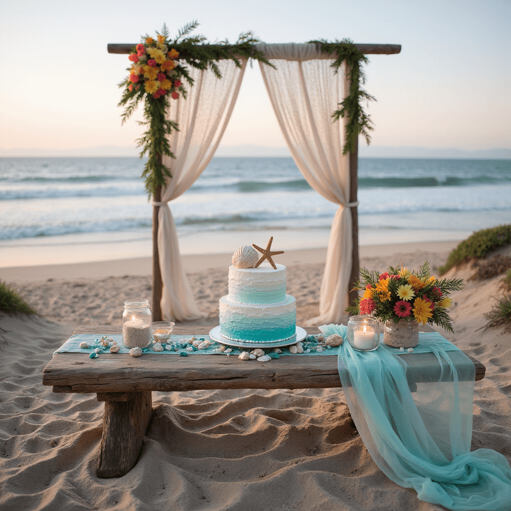 Capturing the Perfect Happy Anniversary Cake: A Complete Styling and Photography Guide A serene beachfront at sunrise featuring a driftwood table set for an anniversary celebration, adorned with a semi-naked cake decorated like ocean waves, sugar seashells, teal sea glass, and vibrant tropical flowers, with a macramé ceremony arch framing the background.