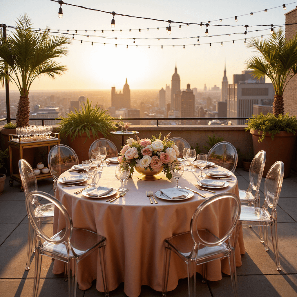 Unforgettable Anniversary Gifts for Her: A Comprehensive Guide to Showing Your Love A romantic rooftop terrace set for an anniversary celebration, featuring a round table with blush silk linens, surrounded by ghost chairs, adorned with a floral centerpiece of pink peonies and white roses in a gold vase, gold-rimmed crystal place settings, personalized marble cards, and twinkling fairy lights overhead, with a dessert cart of macarons and champagne flutes in the background, all bathed in warm golden hour sunlight with a cityscape backdrop.