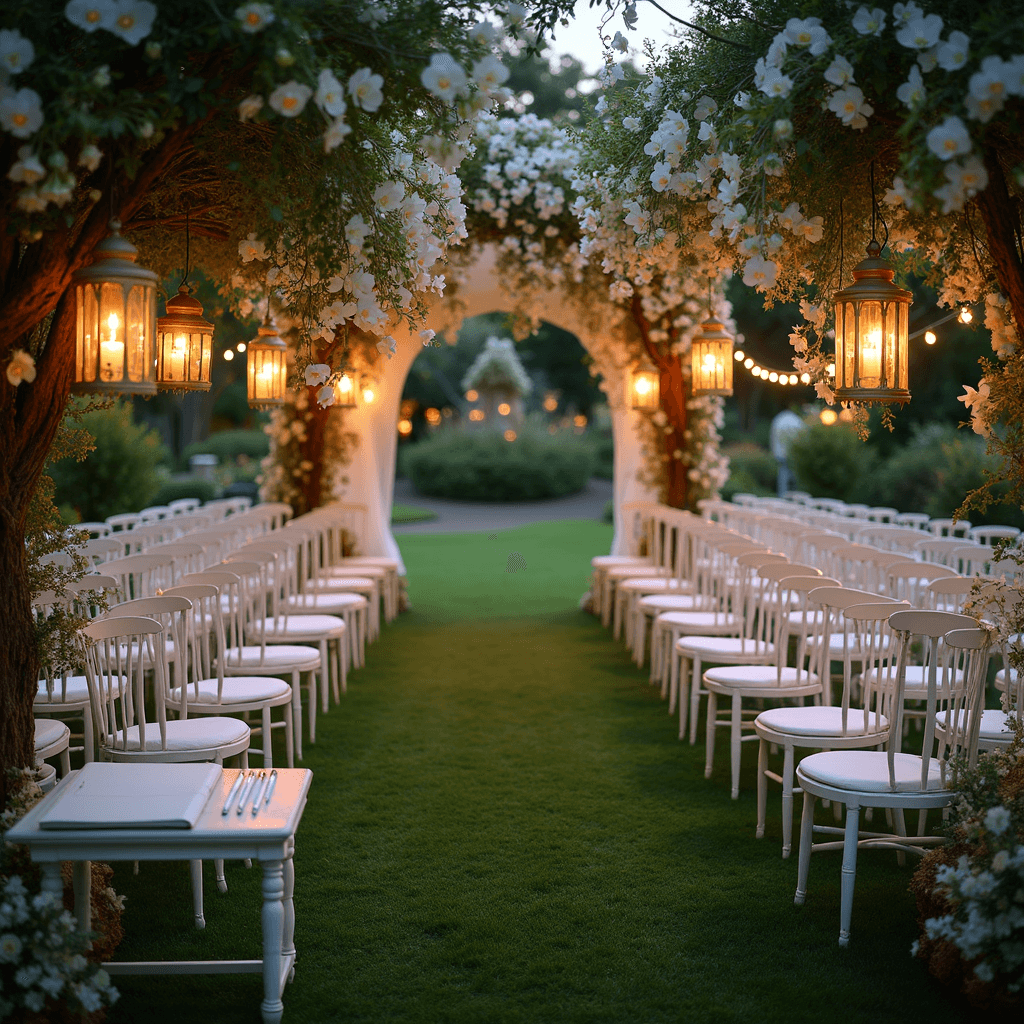 Unforgettable Anniversary Gifts for Her: A Comprehensive Guide to Showing Your Love An enchanting twilight garden wedding ceremony featuring rows of white wooden chairs lining a grass aisle, a stunning floral arch with cascading white orchids, lanterns with flickering candles hanging from tree branches, and delicate tulle drapery, all set against blooming rosebushes and twinkling fairy lights. An overhead shot captures the intricate layout and romantic ambiance.