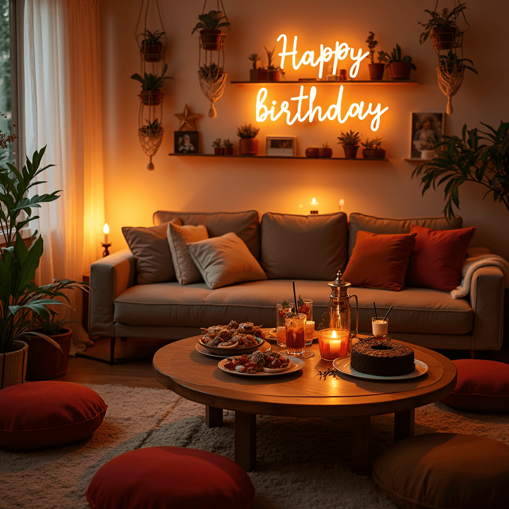 Unforgettable Anniversary Gifts for Her: A Comprehensive Guide to Showing Your Love A cozy living room set for a surprise birthday celebration, featuring warm candlelight, a low coffee table with boho-chic tapas and cocktails, a decadent chocolate cake, plush floor cushions in jewel tones, macramé plant holders, a neon 'Happy Birthday' sign, and a backdrop of cascading balloon garlands.