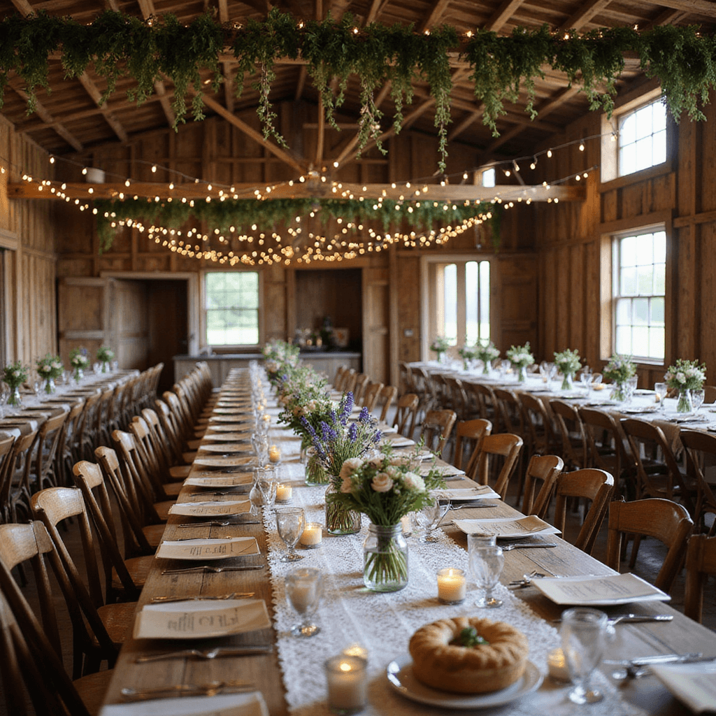 Unforgettable Anniversary Gifts for Her: A Comprehensive Guide to Showing Your Love A rustic barn interior with long farmhouse tables and mismatched vintage chairs, adorned with lace runners, mason jar centerpieces, and twinkling fairy lights, creating a whimsical wedding reception atmosphere.
