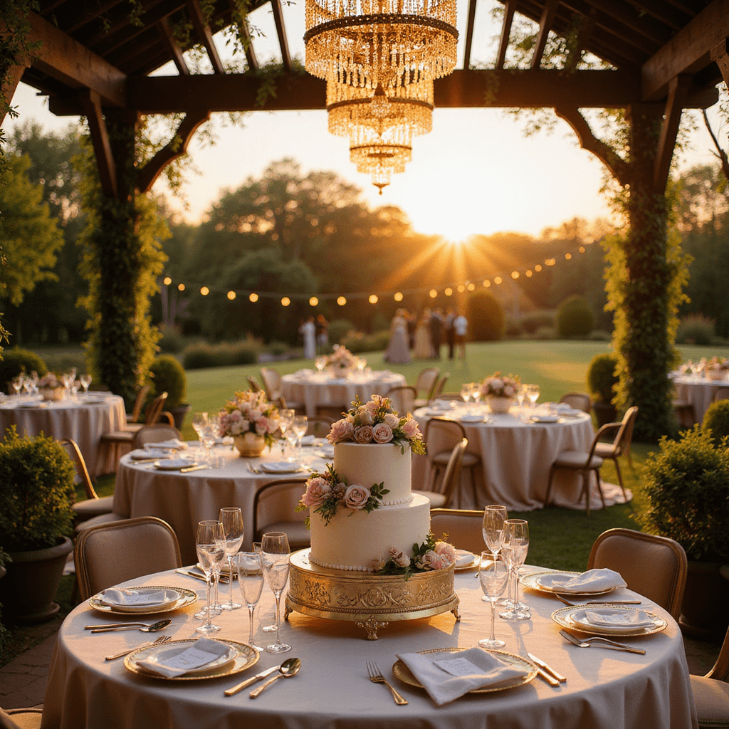 Anniversary Wishes for Parents: Heartfelt Ways to Celebrate Their Love A picturesque garden party at sunset, featuring elegantly set tables with blush silk linens, floral centerpieces, crystal chandeliers, vintage-inspired place settings, and a tiered anniversary cake, as guests mingle and fairy lights twinkle in the trees.