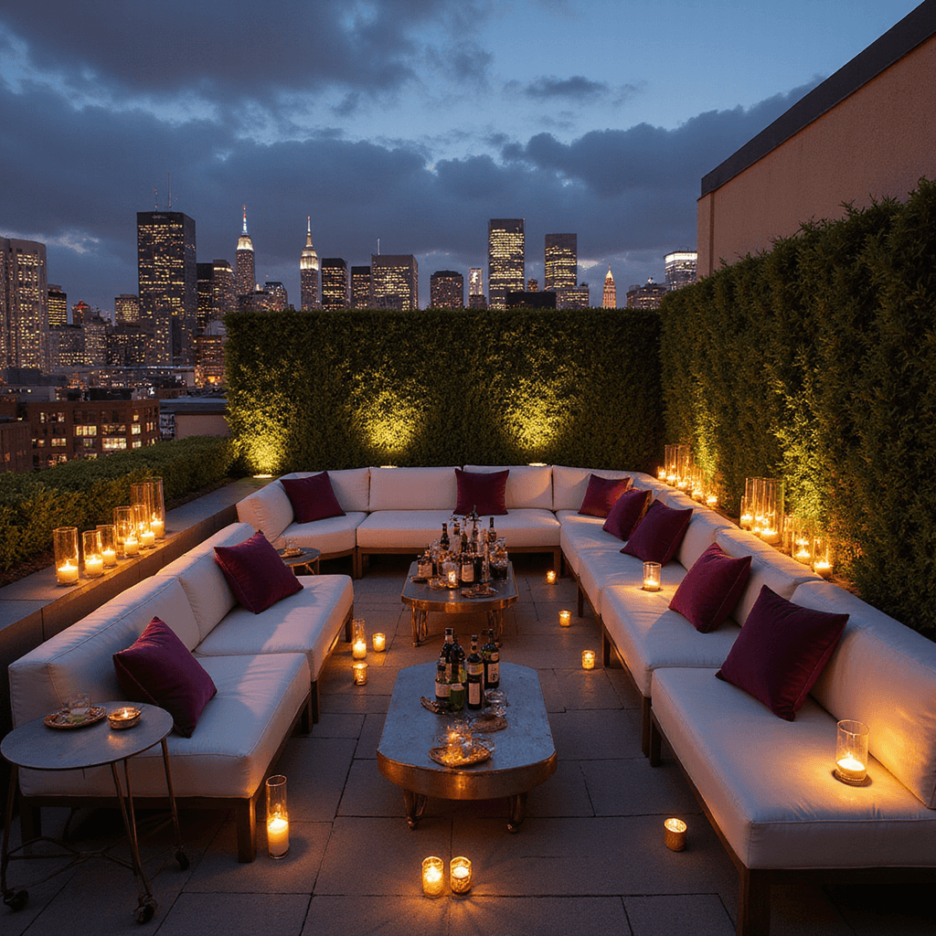 Anniversary Wishes for Parents: Heartfelt Ways to Celebrate Their Love A chic rooftop terrace at dusk, featuring low white seating with jewel-toned pillows, sleek bar carts with artisanal spirits, geometric light fixtures, and a lush greenery backdrop, as well-dressed guests enjoy hors d'oeuvres and a jazz quartet plays softly, with a stunning city skyline view.