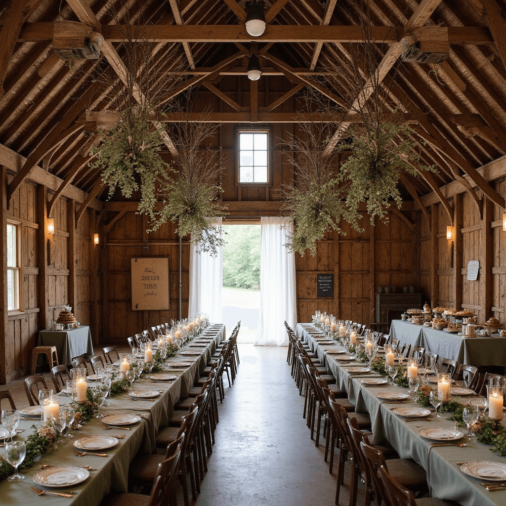 Anniversary Wishes for Parents: Heartfelt Ways to Celebrate Their Love A whimsical wedding reception inside a rustic barn, featuring long farmhouse tables with sage green linen runners, adorned with eucalyptus and wildflowers, mismatched vintage china, suspended fairy lights and paper cranes from wooden beams, a dessert table with naked cakes and jars of honey, and soft candlelight from antique lanterns.
