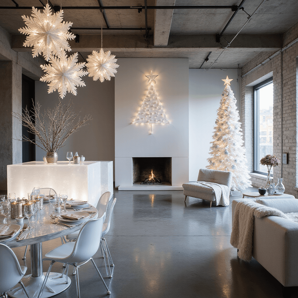 Anniversary Wishes for Parents: Heartfelt Ways to Celebrate Their Love A chic winter wonderland holiday soirée in an industrial loft, featuring a monochromatic palette of whites and silvers, ghost chairs, sleek acrylic tables with frosted branches, oversized paper snowflakes, a glowing ice bar, plush faux fur throws, a modern fireplace, and a tall white Christmas tree adorned with twinkling lights.
