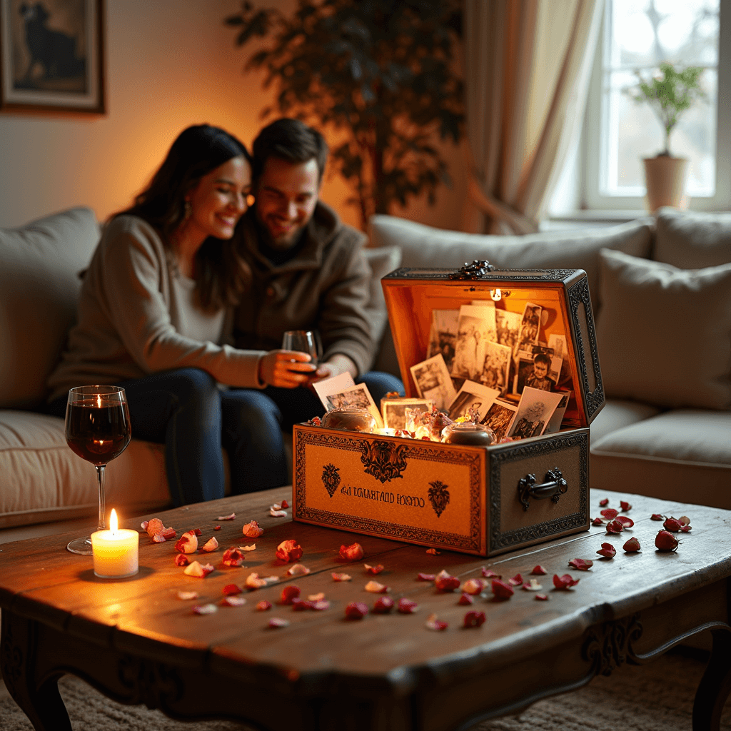 DIY Anniversary Gifts for Him: Heartfelt Creativity That Speaks Volumes A cozy living room with a couple on a cream sofa, exploring an open 'Memory Explosion Box' on a rustic wood coffee table, surrounded by rose petals, flickering candles, and glasses of red wine, all bathed in soft evening light.