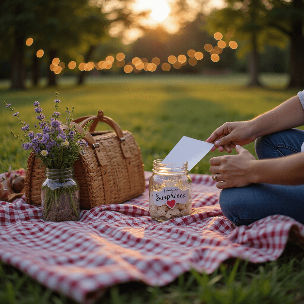 DIY Anniversary Gifts for Him: Heartfelt Creativity That Speaks Volumes An intimate outdoor picnic at golden hour features a checkered blanket on lush grass, a wicker basket, wildflowers in a mason jar, and a decorative 'I Love You' Jar of Surprises. Soft fairy lights adorn the background trees, while a couple's hands are seen reaching into the jar to retrieve a folded note.