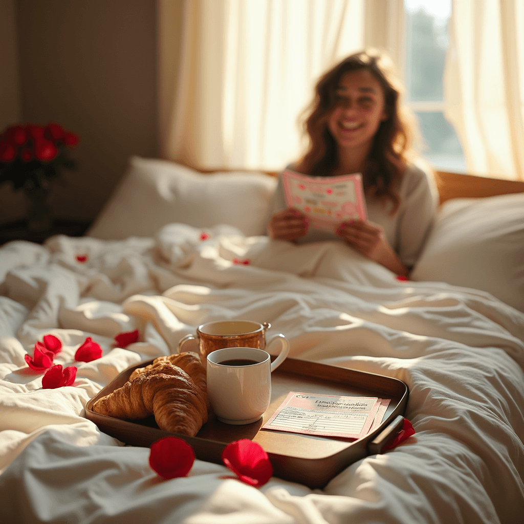 DIY Anniversary Gifts for Him: Heartfelt Creativity That Speaks Volumes A bright, serene bedroom filled with morning light features a rumpled white duvet adorned with rose petals. A tray holds a steaming mug of coffee and croissants, while a surprised partner sits up, smiling as she examines colorful handmade 'Love Coupons'. Sheer curtains billow softly, enhancing the romantic ambiance.