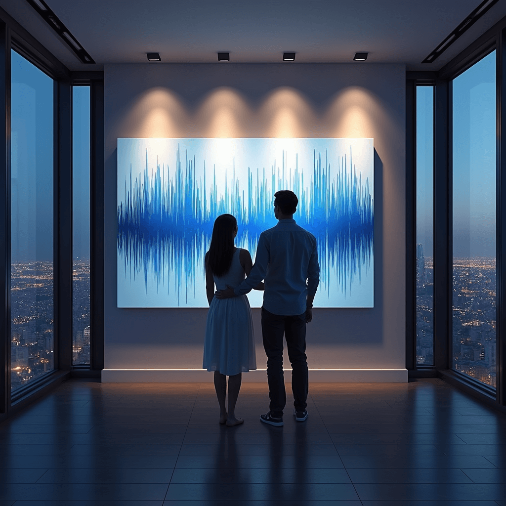 DIY Anniversary Gifts for Him: Heartfelt Creativity That Speaks Volumes A minimalist living room with floor-to-ceiling windows showing a cityscape at twilight, featuring a large blue soundwave canvas illuminated by spotlights, with a couple admiring the artwork in silhouette against the twinkling city lights.