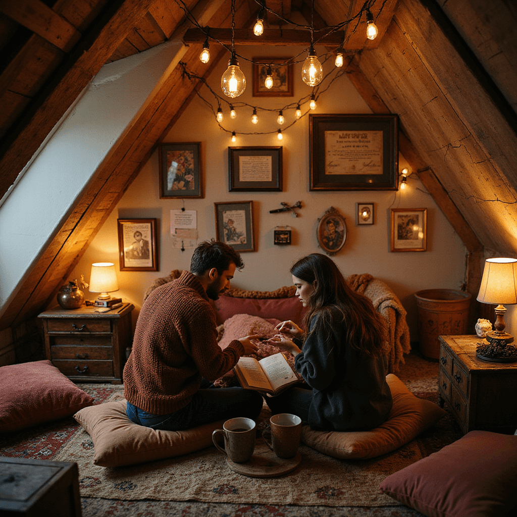 DIY Anniversary Gifts for Him: Heartfelt Creativity That Speaks Volumes A cozy attic nook transformed into a personal museum of love, featuring fairy lights and vintage lamps illuminating displays of memorabilia like ticket stubs and pressed flowers. A couple sits on floor cushions, reading from an ornate leather-bound 'Handcrafted Memory Book', surrounded by velvet pillows, a soft knit throw, and a weathered side table with two steaming mugs of tea.