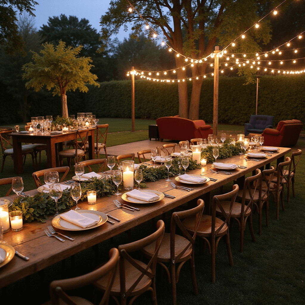50 Years of Love: Planning the Perfect Golden Anniversary Celebration An intimate garden party at dusk with glowing lanterns and candles, featuring long farm tables set with gold charger plates and cream linens, surrounded by mismatched vintage chairs. A dance floor under string lights and a lounge area with jewel-toned velvet sofas complement the rustic bar cart stocked with champagne flutes.