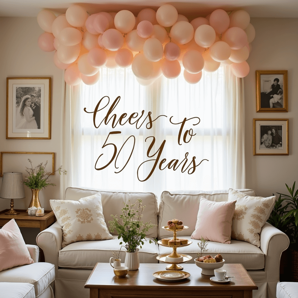 50 Years of Love: Planning the Perfect Golden Anniversary Celebration A cozy anniversary-themed living room decorated with blush pink and cream balloons, featuring a low coffee table set for brunch with delicate china teacups, tiered stands of pastries, and floral arrangements in gold bud vases, complemented by throw pillows and framed photos of the couple's life, with a 'Cheers to 50 Years' sign in calligraphy.