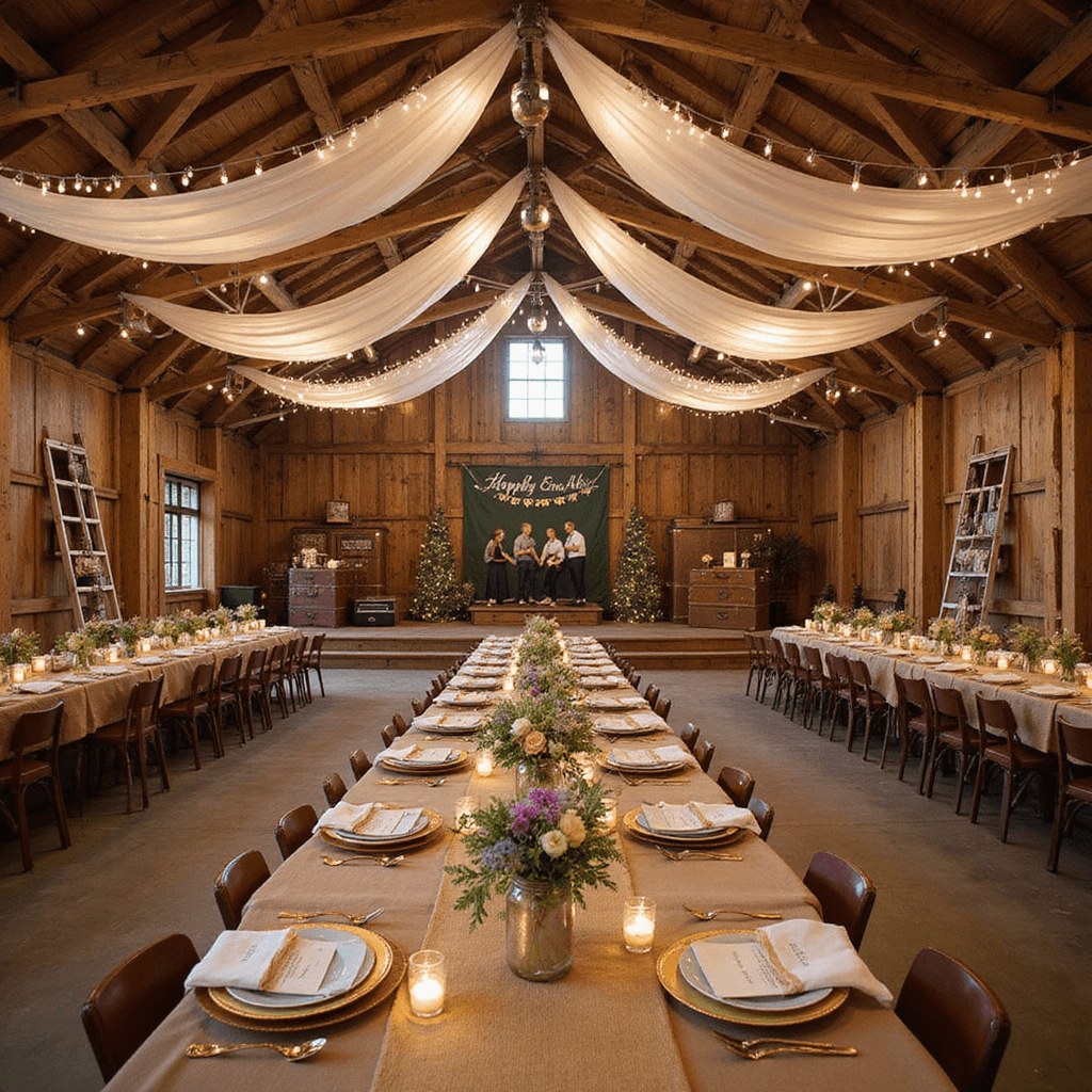 50 Years of Love: Planning the Perfect Golden Anniversary Celebration A beautifully styled rustic barn interior for a golden anniversary, featuring gauzy fabric and fairy lights draped from wooden beams, banquet tables with burlap runners and wildflower centerpieces in mason jars, a photo display area with vintage suitcases and ladders, and a warm glow from string lights and lanterns over the dance floor with a live band and 'Happily Ever After' banner.