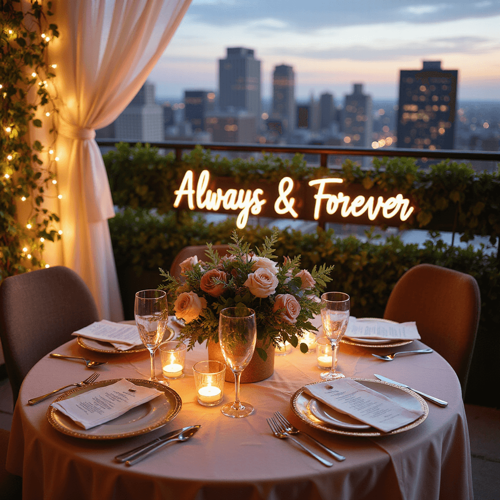 Anniversary Gift Ideas for Your Boyfriend: Unforgettable Presents He'll Actually Love Intimate anniversary dinner on a rooftop terrace at golden hour, featuring a round table with blush silk linens, a lush centerpiece of garden roses and eucalyptus, twinkling fairy lights, scattered candles, gold-rimmed plates, crystal stemware, personalized menu cards, and a neon sign reading 'Always & Forever', with a cityscape in the background.