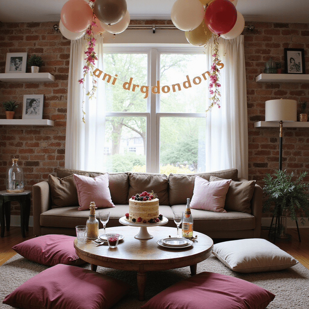 Anniversary Gift Ideas for Your Boyfriend: Unforgettable Presents He'll Actually Love A cozy living room set up for a surprise birthday party, featuring a low table with a tiered naked cake and champagne tower, surrounded by plush floor cushions in jewel tones, with pastel balloon garlands and a 'Happy Birthday' banner on an exposed brick wall.