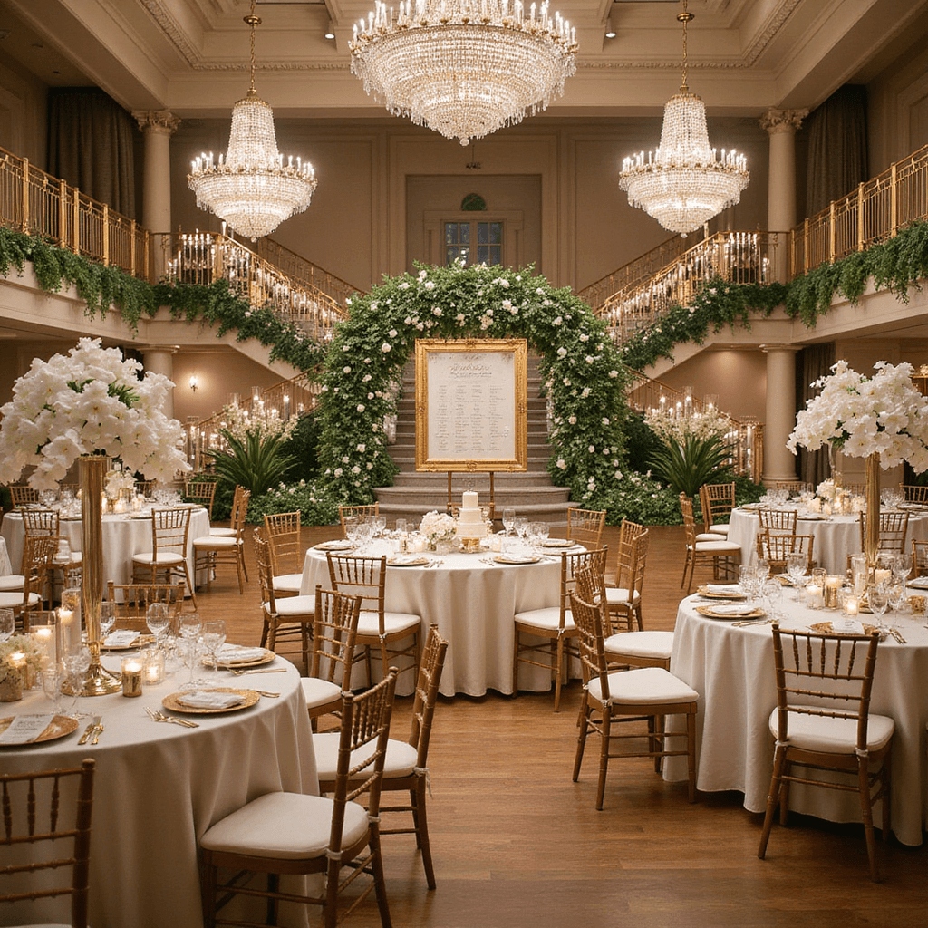 Anniversary Gift Ideas for Your Boyfriend: Unforgettable Presents He'll Actually Love A luxurious indoor ballroom for a wedding reception, featuring crystal chandeliers, round tables with ivory linens, tall centerpieces of white orchids and calla lilies, gold charger plates, an ornate seating chart in a gold frame, a sweeping staircase decorated with greenery and candles, and a champagne tower beside a floral arch framing the dance floor.
