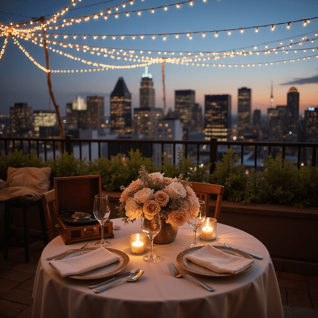 6 Month Anniversary Gift Ideas: Celebrating Love's First Chapter An elegant rooftop terrace at twilight overlooking a twinkling cityscape, featuring a romantic table for two with fine china and crystal stemware, a floral centerpiece of blush and ivory roses and peonies, warm fairy lights overhead, and a vintage record player playing softly, all set against a backdrop of shimmering city lights.