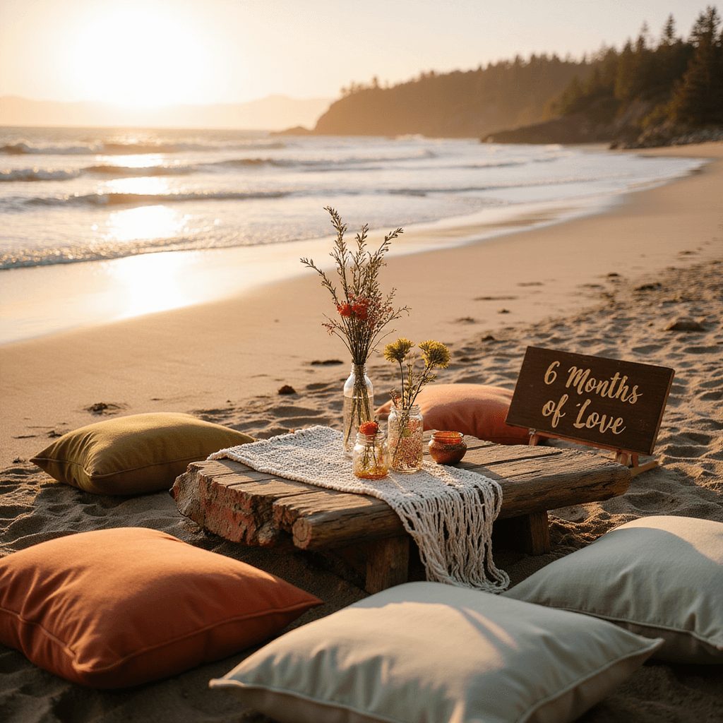 6 Month Anniversary Gift Ideas: Celebrating Love's First Chapter A romantic beach picnic setup at golden hour, featuring a driftwood table with a macramé runner, colorful floor cushions, wildflower mason jars, a wooden sign saying '6 Months of Love', and sandalwood incense, all against a backdrop of soft waves and a golden sky.