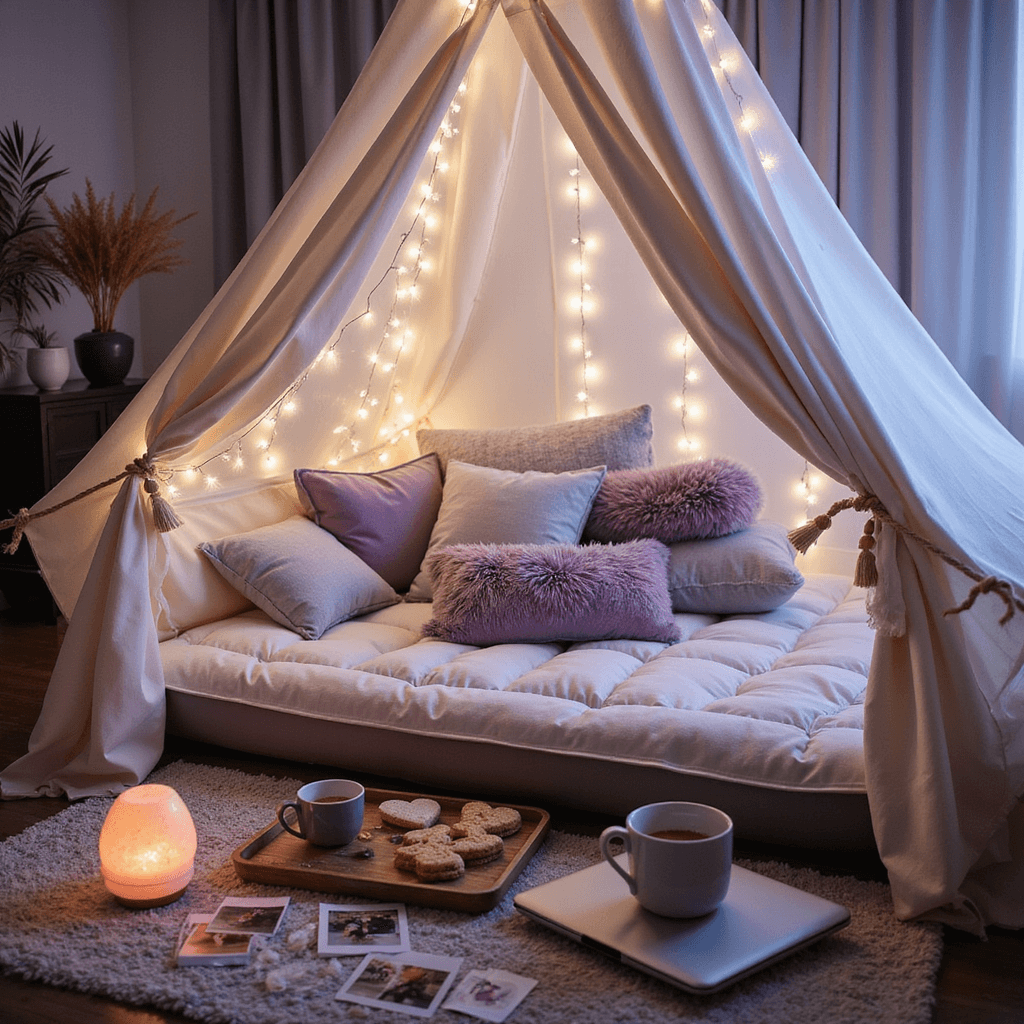 6 Month Anniversary Gift Ideas: Celebrating Love's First Chapter A cozy indoor camping setup featuring a sheer white tent adorned with fairy lights, plush pillows, and a laptop for movie watching, accompanied by hot chocolate and heart-shaped cookies, all illuminated by soft ambient lighting from Himalayan salt lamps.