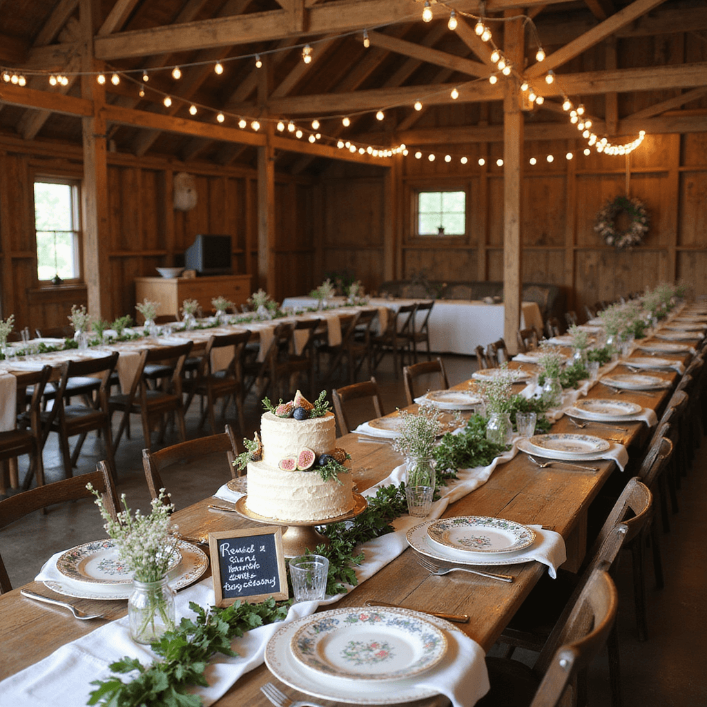 6 Month Anniversary Gift Ideas: Celebrating Love's First Chapter A beautifully arranged rustic barn interior for an anniversary celebration, featuring long U-shaped tables draped in ivory linens, adorned with greenery garlands, vintage china, a tiered naked cake, and mason jars of wildflowers, all softly lit by Edison bulbs and highlighted by chalkboard signs.