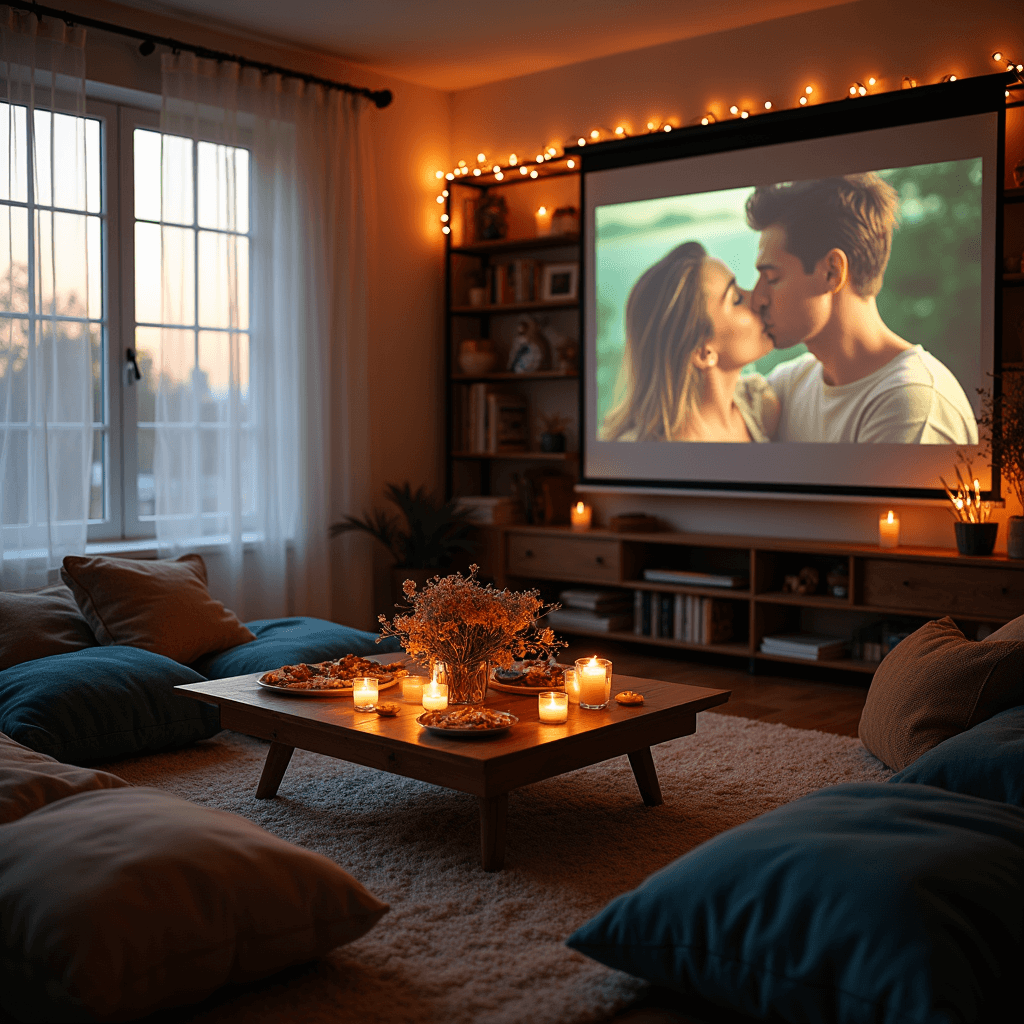 1 Month Anniversary Ideas: Making Your First Milestone Unforgettable A cozy living room scene featuring a low coffee table with homemade tapas and tea lights, illuminated by soft evening light. Plush floor pillows in jewel tones are scattered on a rug, while a projector displays a romantic comedy title screen. Fairy lights adorn bookshelves, highlighting couple's photos, creating an intimate DIY date night atmosphere.