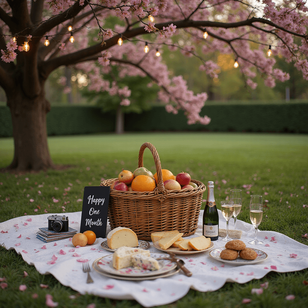 1 Month Anniversary Ideas: Making Your First Milestone Unforgettable An intimate picnic setup in a lush garden at golden hour, featuring a vintage quilt under a cherry tree with rose petals, a wicker basket filled with cheeses and fruits, mismatched china plates, champagne flutes, a 'Happy One Month' chalkboard sign, fairy lights overhead, and a polaroid camera with photos.