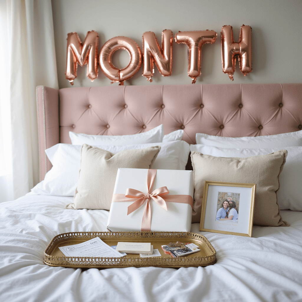 1 Month Anniversary Ideas: Making Your First Milestone Unforgettable A cozy bedroom vignette featuring early morning light, a blush pink tufted velvet headboard, crisp white linens, and an ornate gold tray with a wrapped gift box tied with satin ribbon. Surrounding the gift box are ticket stubs, a handwritten note, and a framed selfie. Rose gold balloon letters spelling 'ONE MONTH' float above, casting shadows on the wall.