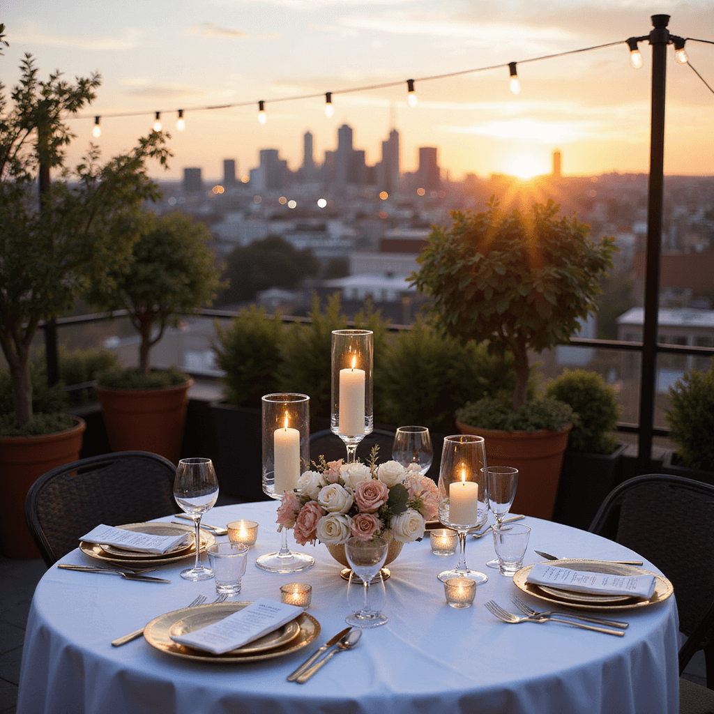 1 Month Anniversary Ideas: Making Your First Milestone Unforgettable A romantic rooftop terrace set for an anniversary dinner, featuring a bistro table with white linen, taper candles, blush and cream roses, gold-rimmed china, crystal stemware, and personalized menus, all under string lights with a city skyline backdrop at sunset.