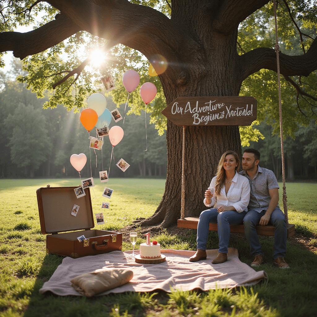 1 Month Anniversary Ideas: Making Your First Milestone Unforgettable A whimsical forest scene showcasing a vintage suitcase overflowing with colorful balloons and a trail of polaroid photos. A couple sits on a rustic swing hung from an oak tree, surrounded by heart-shaped balloons. A hand-painted 'Our Adventure Begins' sign rests against the tree, while late afternoon sunlight filters through the leaves. Nearby, a picnic blanket features a small cake with a '1 month' topper and two glasses of champagne.