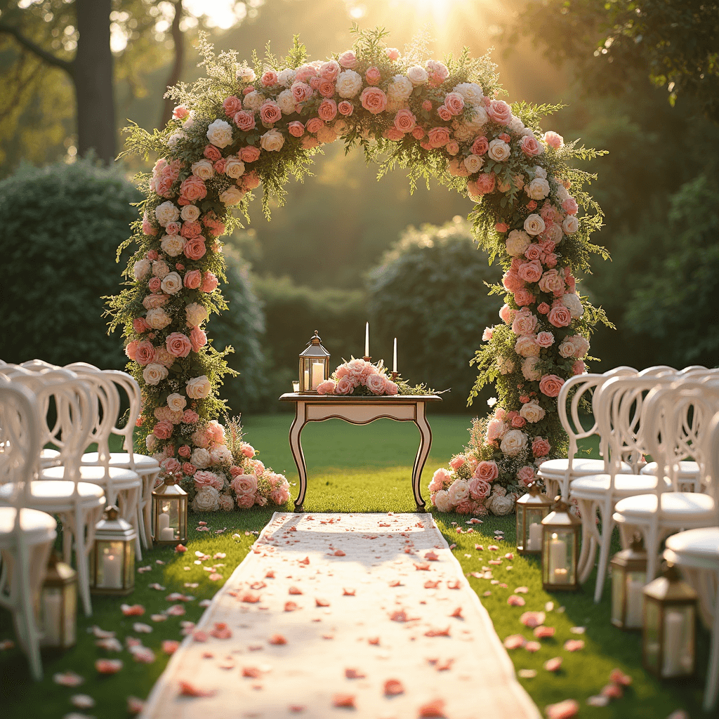 Wedding Flowers Decoration: Your Ultimate Guide to Stunning Floral Decor A picturesque golden hour wedding ceremony in a lush garden, featuring a floral arch of blush pink and cream roses and peonies, with soft sunlight illuminating the scene. Ornate white chairs with floral accents face a rustic wooden altar adorned with taper candles, while romantic lanterns and rose petals line the aisle, all captured in a wide-angle view.