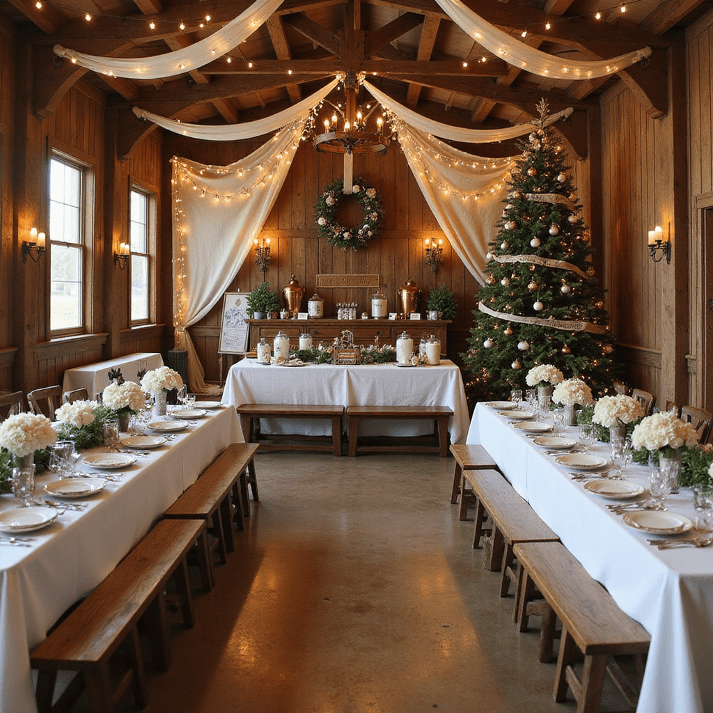 Wedding Flowers Decoration: Your Ultimate Guide to Stunning Floral Decor A cozy winter wonderland in a rustic barn, featuring twinkling fairy lights, long farm tables with pinecone place cards and floral centerpieces, a vintage hot cocoa bar, and a majestic Christmas tree, all illuminated by soft candlelight.