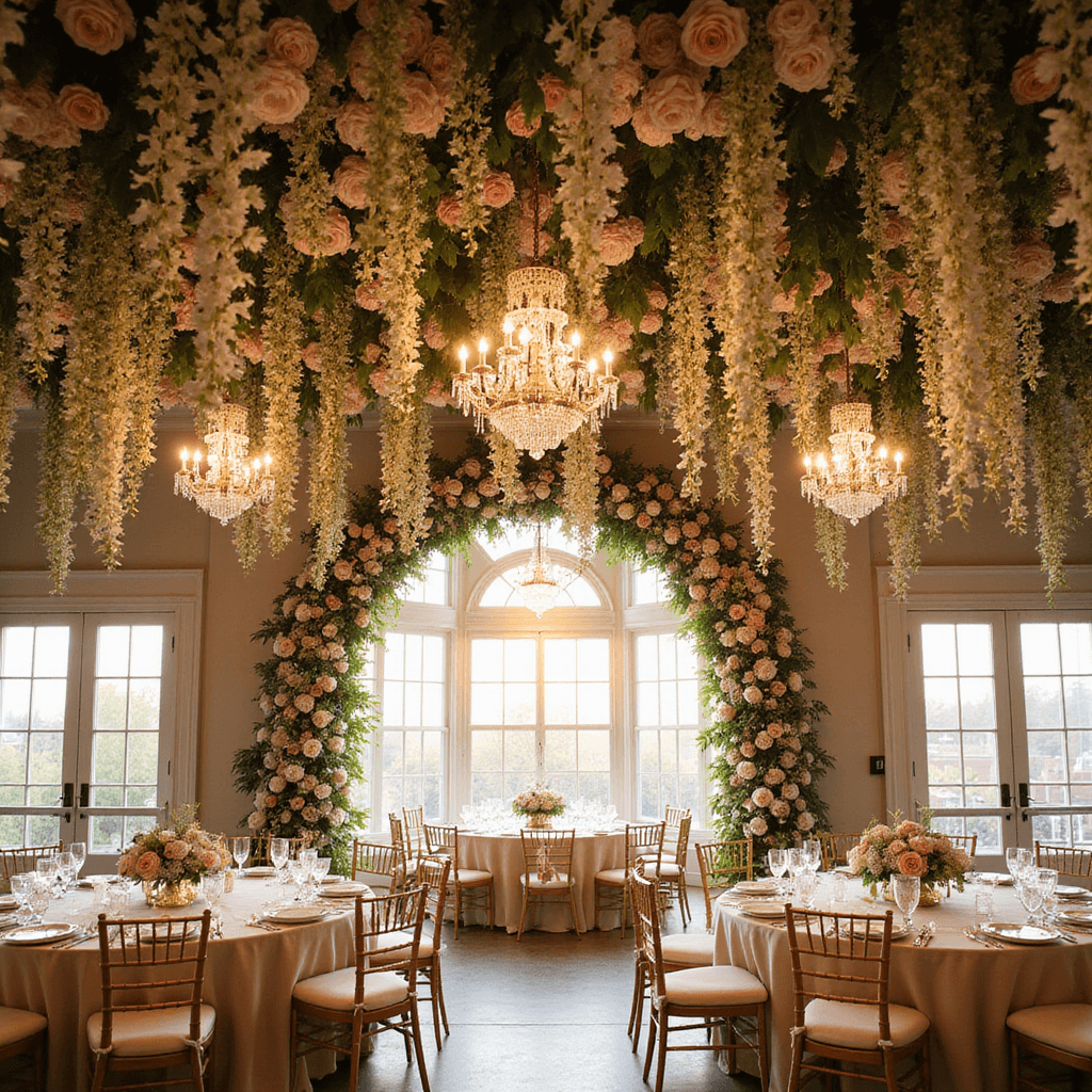 Hanging Flowers Wedding: Your Ultimate Guide to Breathtaking Floral Installations A stunning indoor ballroom adorned with a hanging flower installation of blush roses, white orchids, and baby's breath, featuring crystal chandeliers and elegantly set round tables with gold-rimmed china, under a grand floral arch illuminated by golden hour light.