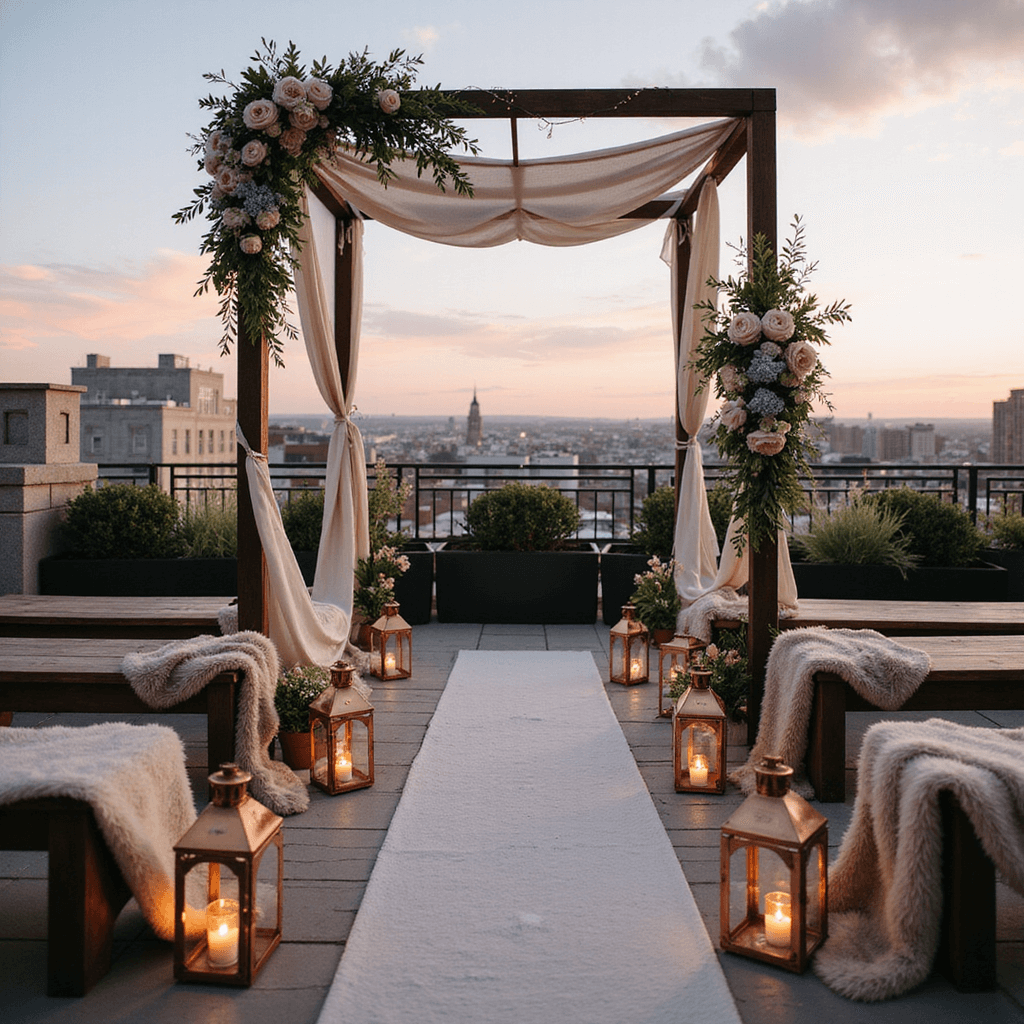 Hanging Flowers Wedding: Your Ultimate Guide to Breathtaking Floral Installations A romantic sunset wedding ceremony on a rooftop terrace features a modern pergola draped in ivory fabric, adorned with blush peonies and dusty blue delphinium. Wooden benches with faux fur throws face city views, illuminated by copper lanterns and fairy lights against a pastel sky.
