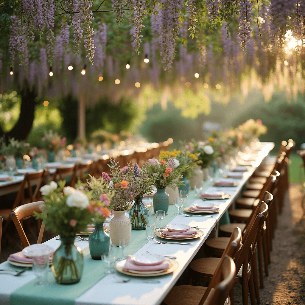 Hanging Flowers Wedding: Your Ultimate Guide to Breathtaking Floral Installations A whimsical garden party under hanging wisteria and twinkling lights, with long farm tables decorated with mint green runners and wildflowers in mismatched vintage vases, surrounded by wooden chairs with floral wreaths. A dessert cart filled with pastel macarons and flower-topped cupcakes catches the golden hour sunlight filtering through the wisteria, creating a dreamy atmosphere.