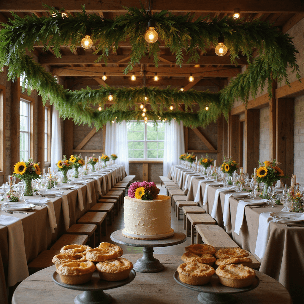 Hanging Flowers Wedding: Your Ultimate Guide to Breathtaking Floral Installations A cozy barn wedding scene featuring lush greenery garlands and warm globe lights hanging from rustic wooden beams, with long harvest tables set with ivory linens, vintage china, and floral centerpieces of dahlias and sunflowers in metal pitchers, a dessert display with a naked cake and mini pies on antique stands, all illuminated by candlelight and string lights.