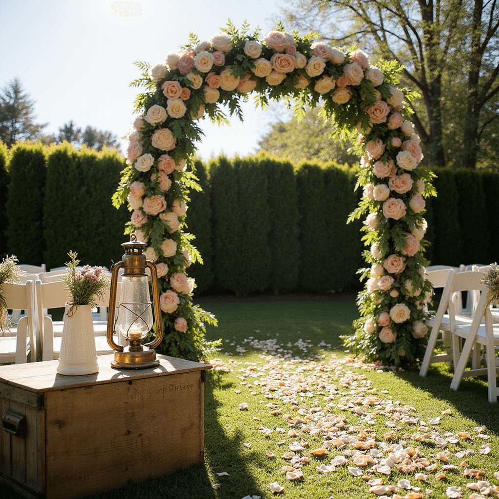 Crafting the Perfect Altar Flowers: A Comprehensive Guide to Stunning Wedding Ceremony Decor A golden hour wedding ceremony in a lush garden, showcasing an ornate floral arch with blush pink roses and cream peonies, surrounded by white wooden chairs and a petal-strewn aisle, with sunlight filtering through the foliage and an antique brass lantern on a rustic crate in the foreground.