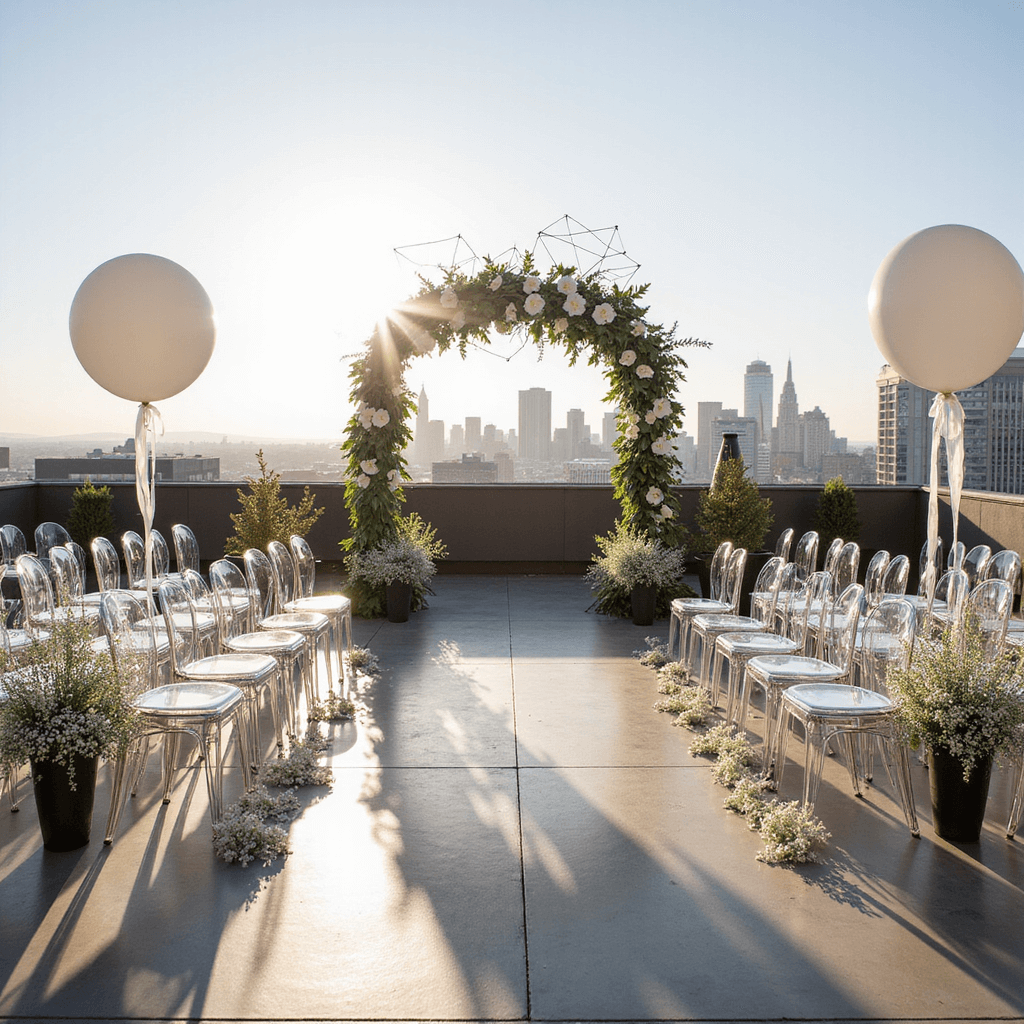 Crafting the Perfect Altar Flowers: A Comprehensive Guide to Stunning Wedding Ceremony Decor A modern rooftop wedding ceremony setup featuring a sleek metal arch with white calla lilies and monstera leaves, ghost chairs with single stems of baby's breath, whimsical white balloons, and a sparkling champagne tower, all against a backdrop of a bustling city skyline under late afternoon sunlight.