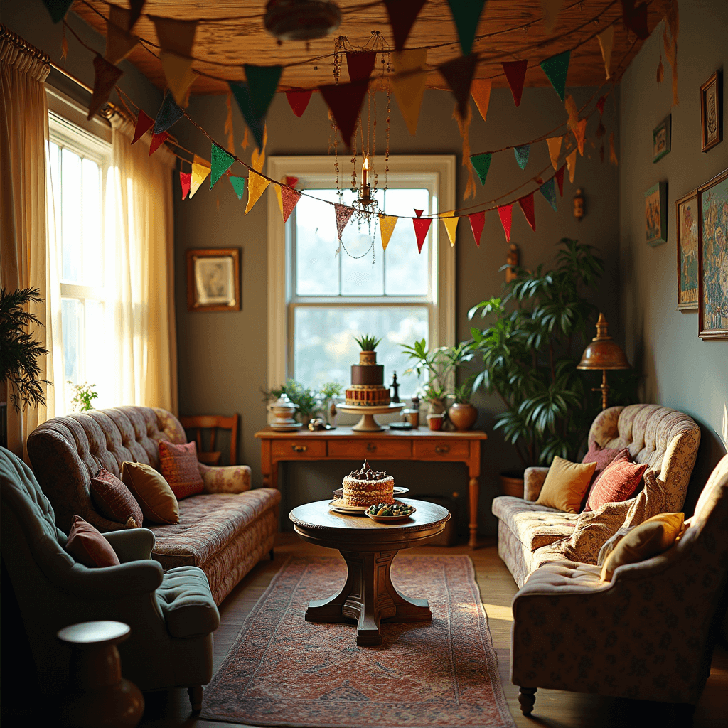 Magical Harry Potter Birthday Party: Your Ultimate Guide to a Spellbinding Celebration A cozy living room transformed for a whimsical Hogwarts-inspired birthday party, featuring house banners, floating candles, a grand dessert table with a chocolate frog cake, potion bottles, and Bertie Bott's beans, surrounded by vintage armchairs in a magical ambiance.