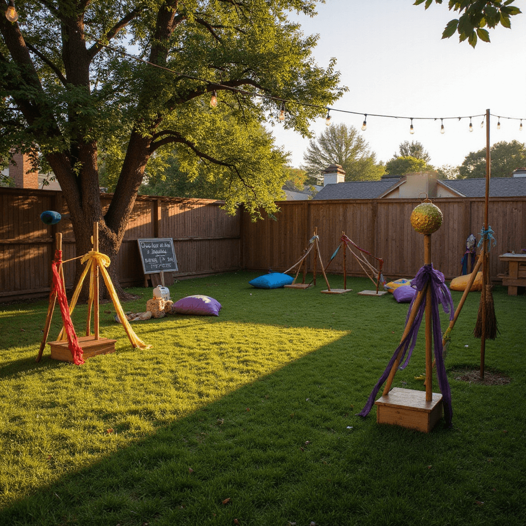 Magical Harry Potter Birthday Party: Your Ultimate Guide to a Spellbinding Celebration An enchanting outdoor Quidditch Challenge area at golden hour, featuring goal post hoops with house-colored ribbons, broomsticks against a rustic fence, a golden snitch piñata hanging from a tree, colorful beanbags on the grass, and a whimsical scoreboard made from an upcycled pallet, all illuminated by fairy lights as dusk approaches.