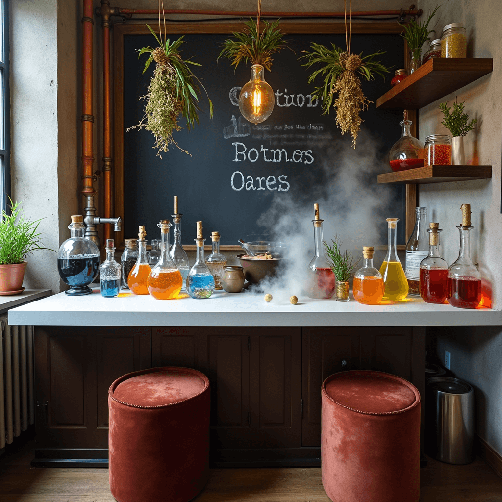 Magical Harry Potter Birthday Party: Your Ultimate Guide to a Spellbinding Celebration A modern potions class corner with a sleek white countertop dominated by glass beakers, vibrant bubbling liquids, and cauldrons; overhead herb bundles hang from a copper pipe, while a chalkboard wall displays elegant potion recipes; velvet-wrapped stools provide seating, and colorful apothecary jars line the floating shelves, all enveloped in soft lighting and dramatic dry ice fog.