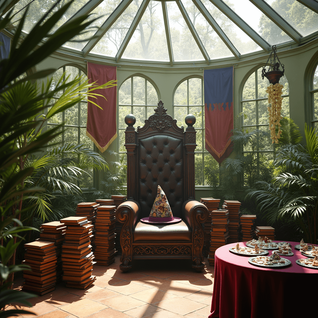 Magical Harry Potter Birthday Party: Your Ultimate Guide to a Spellbinding Celebration A grand Sorting Hat ceremony setup in a light-filled conservatory, featuring a majestic throne-like chair, leather-bound books, the Sorting Hat on a velvet cushion, colorful house banners, and a table with house badges, all illuminated by soft morning light streaming through the glass ceiling.