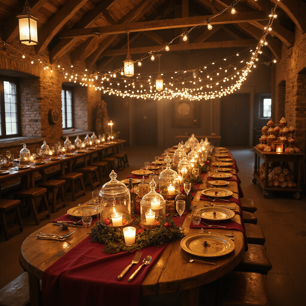 Magical Harry Potter Birthday Party: Your Ultimate Guide to a Spellbinding Celebration An enchanted birthday feast in a rustic barn with wooden tables, burgundy runners, gold charger plates, suspended candles, magical terrariums, scattered wands, and potion bottles under a canopy of twinkling lights. A dessert cart features Sorting Hat cupcakes and a candy display, all illuminated by warm lantern light.