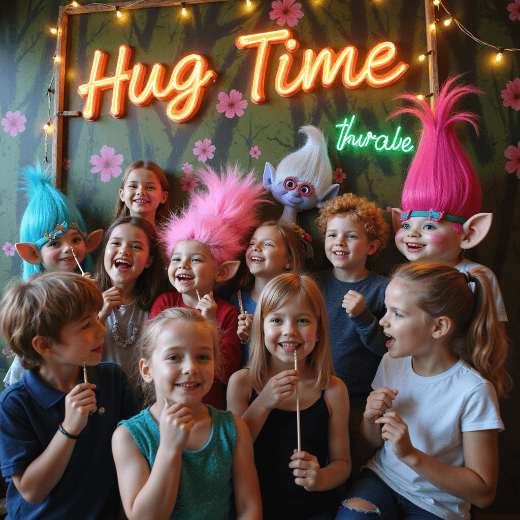 Ultimate Guide to Throwing an Epic Trolls Birthday Party: A Colorful Celebration of Joy! A colorful Trolls-inspired photo booth featuring a hand-painted forest backdrop, oversized props, and children joyfully posing with quirky accessories under warm fairy lights and a neon 'Hug Time' sign.