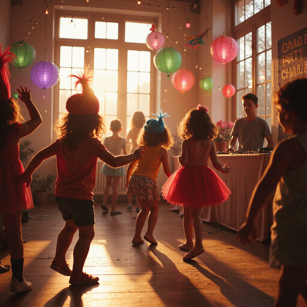 Ultimate Guide to Throwing an Epic Trolls Birthday Party: A Colorful Celebration of Joy! A vibrant scene of children dancing joyfully at a Trolls-themed party, wearing DIY Troll hair headbands, with fairy lights and colorful lanterns illuminating the area. A DJ booth with rainbow streamers and a 'Dance Party Challenge' sign is visible in the background, while the warm golden hour light enhances the festive atmosphere.