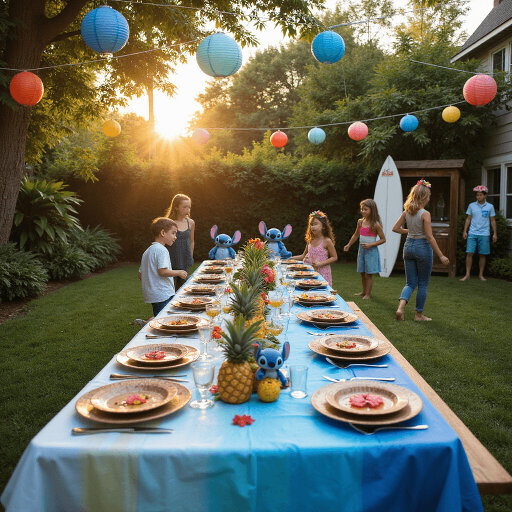 Stitch Birthday Party Ideas: Create an Unforgettable Ohana Celebration! A vibrant Stitch-themed birthday party in a backyard during golden hour, featuring a long blue ombre picnic table with tropical decorations, colorful paper lanterns, and children in Hawaiian leis playing games on the lawn.