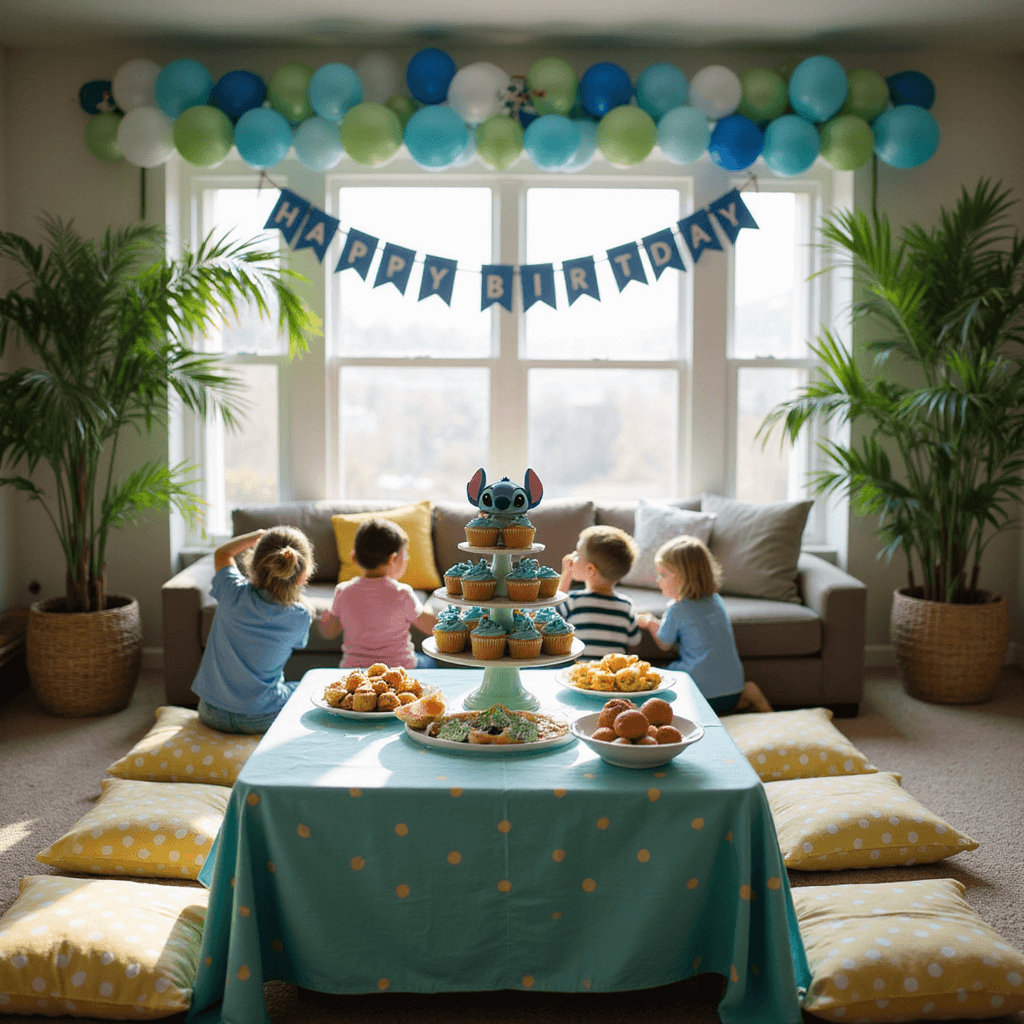 Stitch Birthday Party Ideas: Create an Unforgettable Ohana Celebration! An intimate Stitch-themed party setup in a cozy living room, featuring a low table with a teal polka-dot tablecloth adorned with cupcakes and tropical fruit skewers. Balloon garlands and paper palm trees decorate the space, and a 'Happy Birthday' banner hangs above, with children engaged in a craft activity in the blurred background.