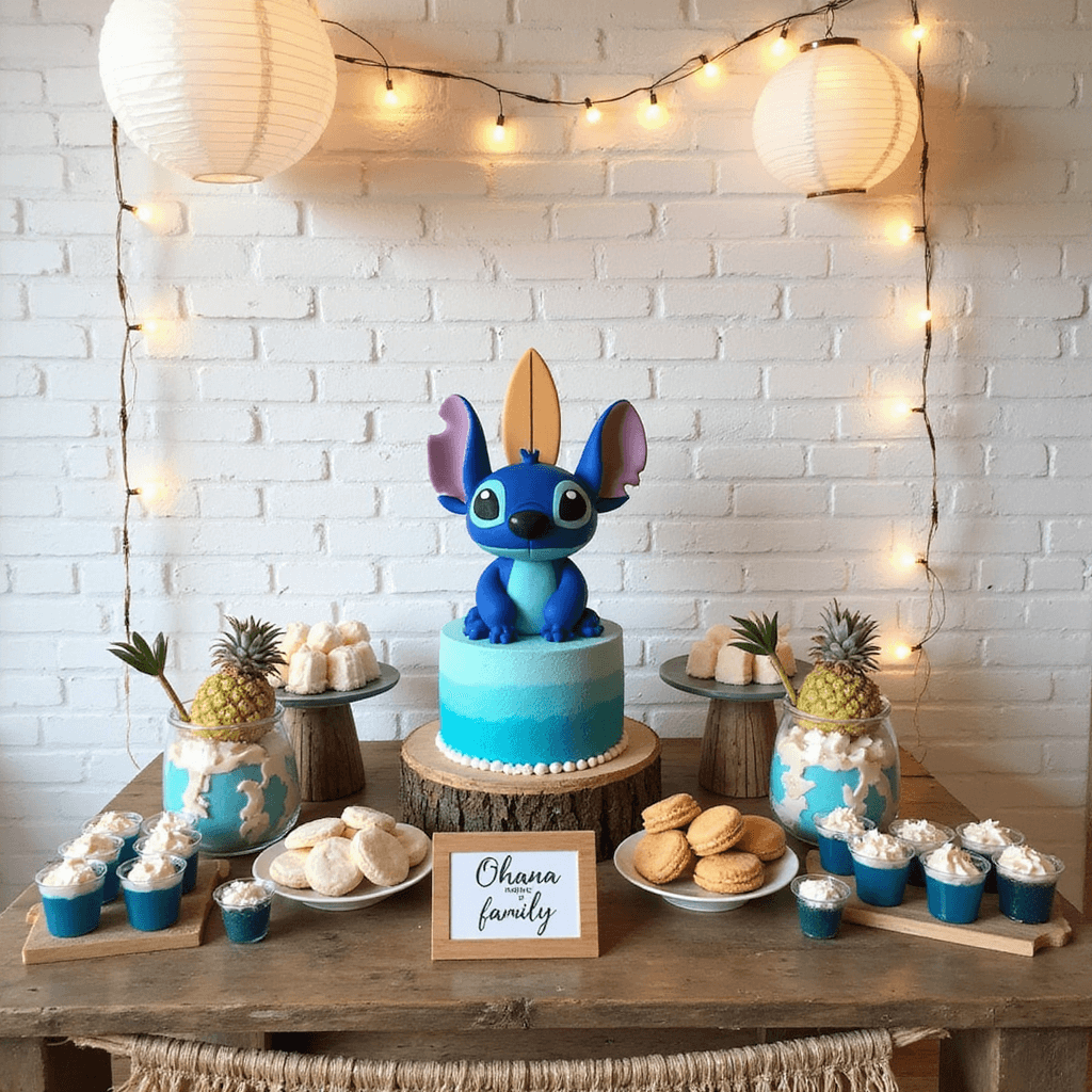 Stitch Birthday Party Ideas: Create an Unforgettable Ohana Celebration! A whimsical dessert station inspired by Stitch, featuring a blue ombre cake with fondant Stitch ears and a surfboard topper, surrounded by coconut macaroons, blue jello cups, and pineapple-shaped cookies, all set on a rustic wooden table adorned with fairy lights and a raffia table skirt against a white brick wall. The DIY sign reads 'Ohana means family'.