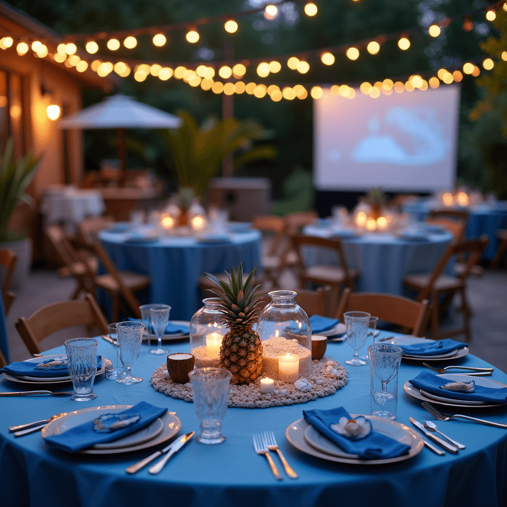 Stitch Birthday Party Ideas: Create an Unforgettable Ohana Celebration! An outdoor evening setting with a Stitch party on a patio illuminated by string lights, featuring round tables with ocean blue linens, centerpieces of glass hurricanes filled with sand, seashells, blue candles, personalized coconut cups, mini pineapples, and a nearby dessert cart with a 'build-your-own' shave ice station, with a projection screen for an outdoor movie night in the background, all captured in soft focus with a dreamy bokeh effect.